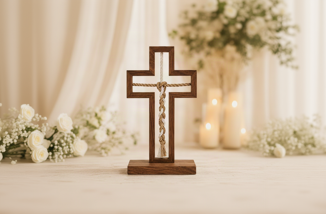 Cord of Three Strands Unity Cross in walnut on white background, front view
