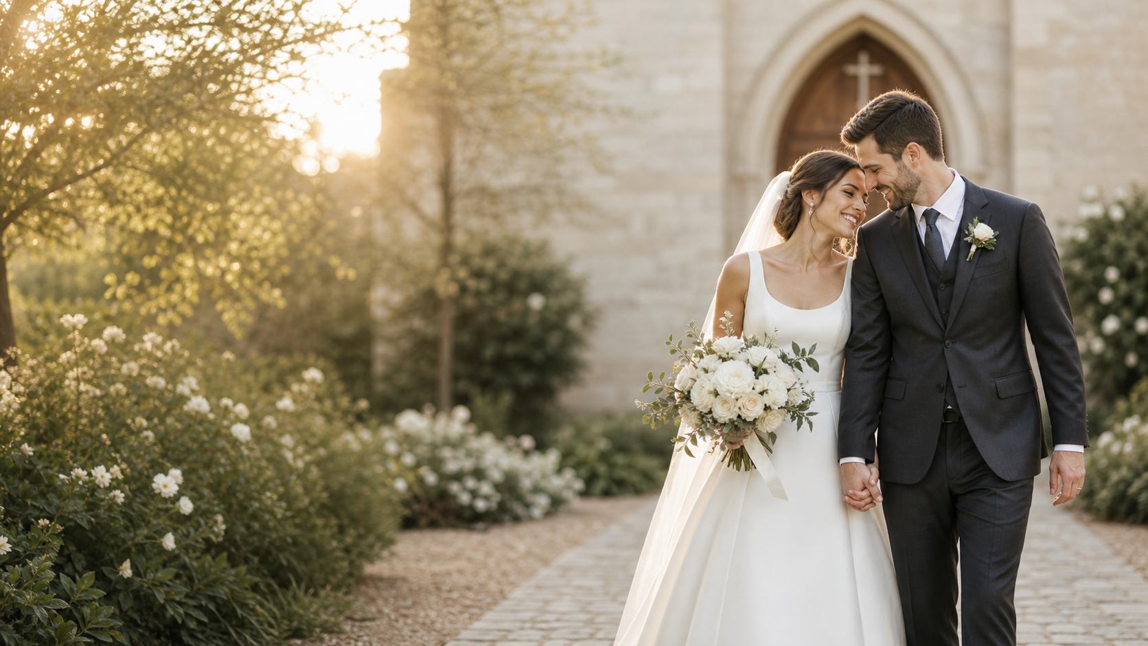 A bride in a white sleeveless wedding gown holding a bouquet of white flowers walks hand in hand with a groom in a dark suit toward a stone church at sunset. The scene is outdoors with trees, flowers, and warm golden light.